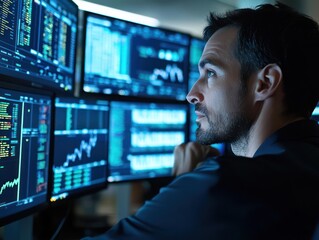 Stock market analyst using high-definition monitors to track real-time financial data and trends in a trading room