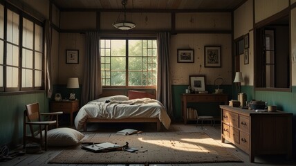 a chaotic and abandoned bedroom. The bed, with its rumpled sheets and scattered pillows, suggests a hasty departure or a life abruptly interrupted.