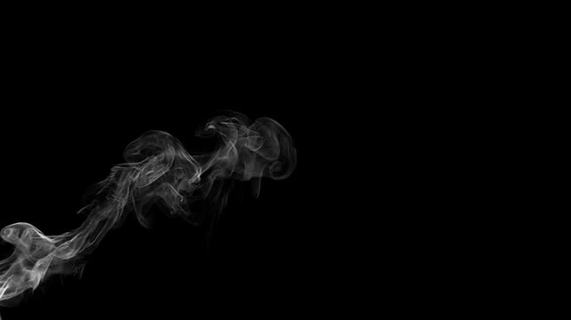 Video of thin wispy smoke blowing across the frame as if from a cigar or cigarette or ash tray, 30p, two speeds included, alpha channel transparent background