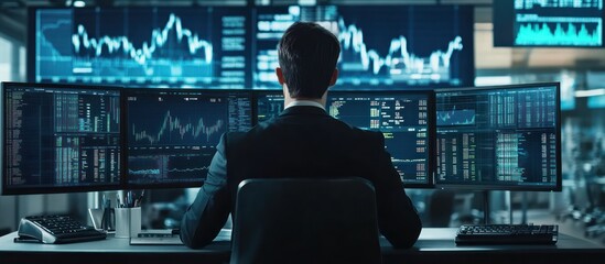 Stock market analyst using high-definition monitors to track real-time financial data and trends in a trading room