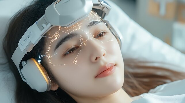 A female patient lying on a hospital bed with electrodes attached to her head, receiving a cutting edge brain treatment from a doctor wearing a futuristic headset.
