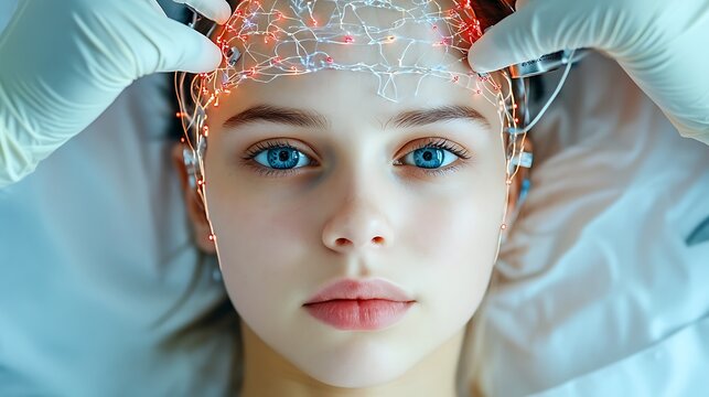 A female patient lying on a hospital bed with electrodes attached to her head, receiving a cutting edge brain treatment from a doctor wearing a futuristic headset.