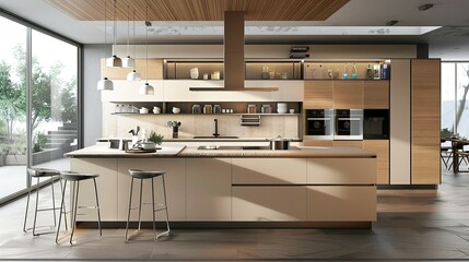 Modern Kitchen with White Cabinets, Island, and Pendant Lights
