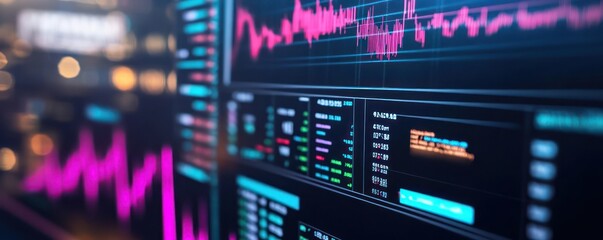 Stock market dashboard on a large screen with financial graphs and statistics