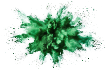 Vibrant explosion of green, black particles in diagonal line. Green powder pulver scattered across frame, creating movement, energy. Green, black, white colours, explosion, splashing, smoke, steam,