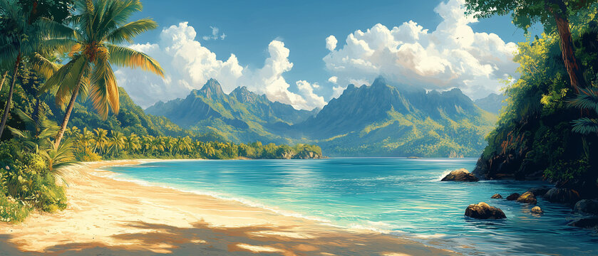 Illustration vectorielle de paysage polyn&eacute;sien tropical avec montagnes et palmiers
