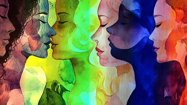 Abstract colorful art watercolor painting depicts International Women's Day, 8 March of different cultures and ethnicities together, concept of gender equality and the female 4K Video