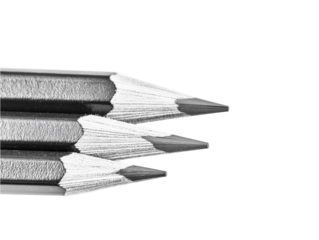 Black pencils in triangular formation on isolated background. Pencils arranged with tips pointing upwards. Balanced, symmetrical composition. Simple, isolated design element for art, drawing, design.