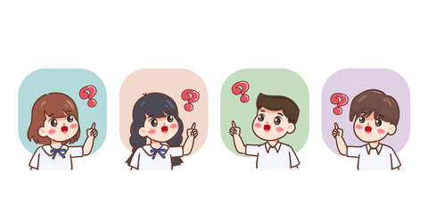 Cute cartoon kid girl and boy student ask the question character. illustration vector premium.