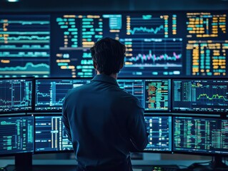 Stock market professional tracking real-time financial data and trends with high-definition monitors in a trading room