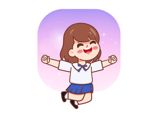 Cute cartoon cheerful girl student jumping character. illustration vector premium.