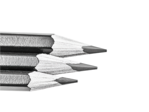 Black pencils in triangular formation on isolated background. Pencils arranged with tips pointing upwards. Balanced, symmetrical composition. Simple, isolated design element for art, drawing, design.