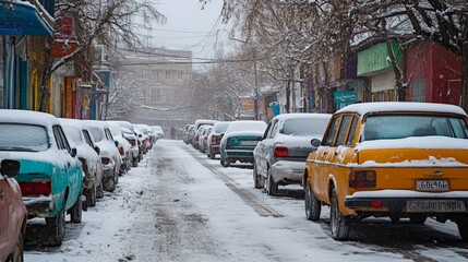 Obraz premium Urban traffic and people navigating heavy snowstorm in winter city