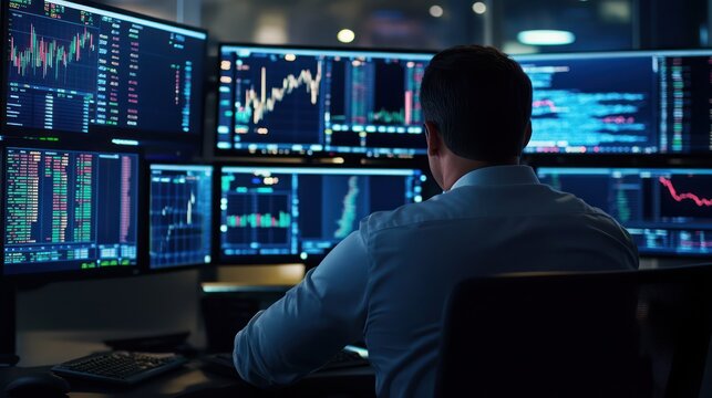 Stock market professional using multiple screens to analyze market data and investment opportunities in a trading room