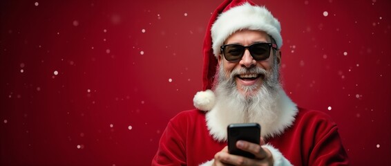 Cheerful Santa Claus wearing sunglasses uses a smartphone against a festive red background, conveying modernity, joy, and holiday spirit. Ideal for Christmas-themed promotions and digital greetings.