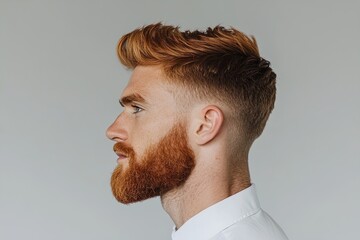 Fototapeta premium Stylish Man With Vibrant Ginger Hair and Well-Groomed Beard Poses Against a Neutral Background