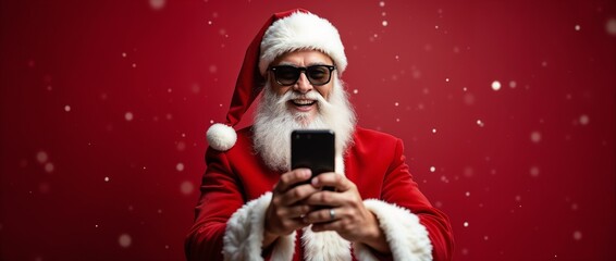 Cheerful Santa Claus wearing sunglasses uses a smartphone against a festive red background,...