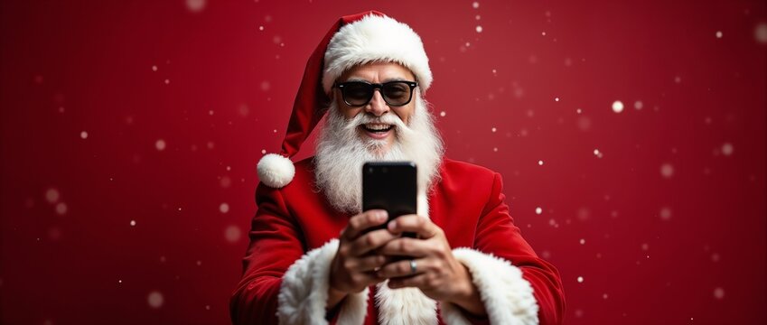 Cheerful Santa Claus wearing sunglasses uses a smartphone against a festive red background, conveying modernity, joy, and holiday spirit. Ideal for Christmas-themed promotions and digital greetings.

 - Powered by Adobe