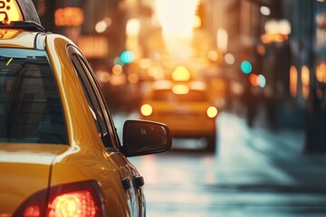 Naklejka premium Evening Cityscape With a Yellow Taxi Cruising Through Busy Streets at Sunset