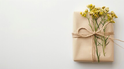 Gift wrapped in kraft paper with yellow dried flowers, natural jute twine, minimalist design, eco-friendly wrapping, rustic style, beige background, copy space, simple elegance

