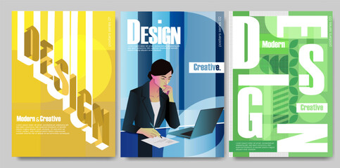 Set of modern vector illustrations for design themes, featuring creative layouts with bold typography, abstract shapes, and professional figure working on laptop. Ideal for branding and editorial use