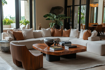 Modern living room with wooden furniture and accents