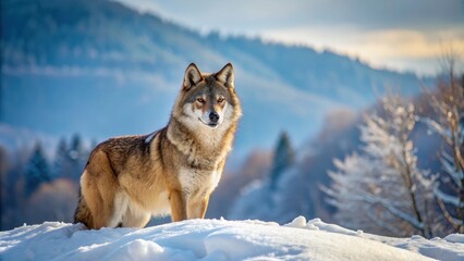 Fototapeta premium Grey wolf in snowy winter scenery of Bieszczady Mountains, The Carpathians, Poland, Grey wolf, winter
