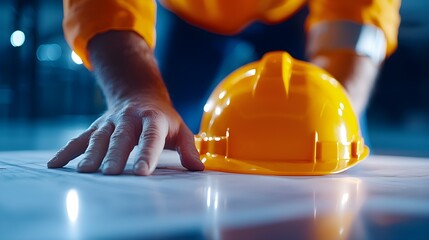 Engineer analyzing blueprint designs for a high-rise, ensuring proper safety protocols and structural integrity, hands-on construction management, close-up view