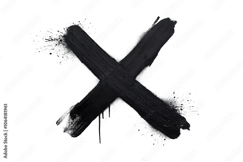 Aufkleber Black cross on isolated background, bold, four lines intersecting. Black splatters add dynamism, movement to simple figure. Minimalist composition, balance, contrast between black and white elements.