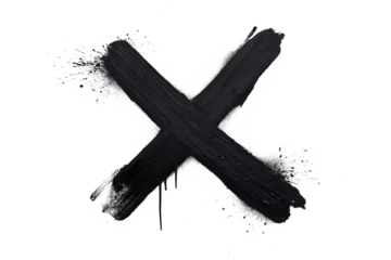 Black cross on isolated background, bold, four lines intersecting. Black splatters add dynamism, movement to simple figure. Minimalist composition, balance, contrast between black and white elements.