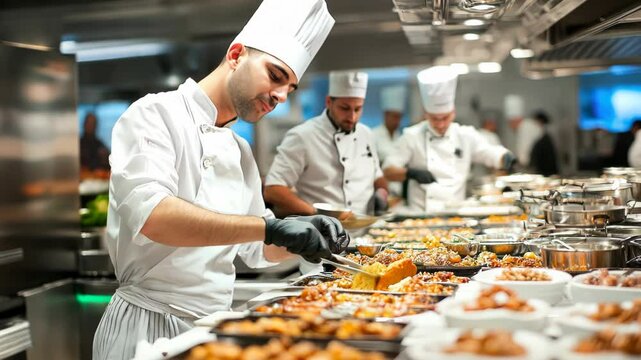 Chef meticulously plating dishes in a busy kitchen setting.