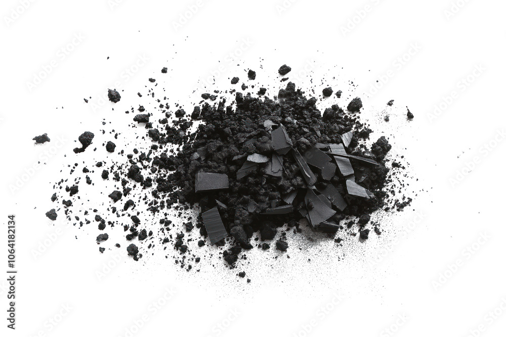 Poster Close-up of black charcoal dust scattered on isolated transparent background. Irregularly shaped pieces create random texture. Black object stands out against white, high contrast image. Alpha mask.