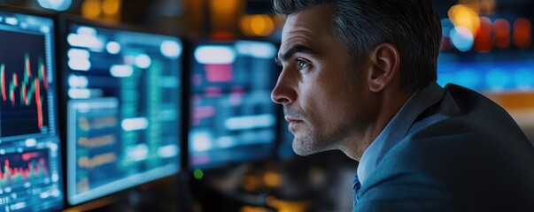 Stock market trader reviewing market trends and financial data with high-resolution monitors