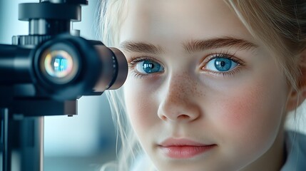 A side view image of a young female patient sitting comfortably in an examination chair while a skilled ophthalmologist uses a handheld slit lamp to conduct a thorough and detailed examination of her 