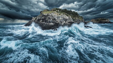 A rocky island with trees stands tall against a stormy sea, with waves crashing around it and dark clouds overhead.