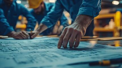 Obraz premium A team of engineers reviewing blueprints for a water treatment plant, conducting a final inspection of the design against environmental regulations