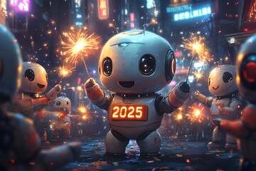 Cute robots celebrating New Year 2025 with sparklers in a futuristic city