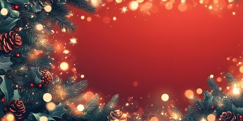 Christmas border with evergreen branches, pine cones, and glowing bokeh lights on red background