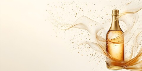 Champagne bottle with golden swirl and sparkling stars on light background. Long banner with empty copy scape for New Year celebration or special occasion 