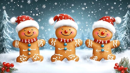 Fun Christmas card with three gingerbread men wearing Santa hats and scarves in a snowy winter scene