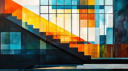   A colorful staircase painting with multicolored squares on the walls and steps