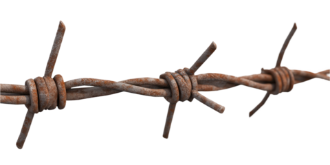 Close-up of barbed wire fence with multiple strands, pointed ends. Diagonal line of sharp steel wires, rusty metal, intricate pattern, security threat. Transparent isolated background alpha mask.