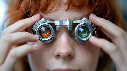 Doctor of optometry performing a vision test on a middle aged woman by maneuvering the lenses of the phoropter to determine the most accurate prescription for her glasses.