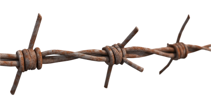 Close-up of barbed wire fence with multiple strands, pointed ends. Diagonal line of sharp steel wires, rusty metal, intricate pattern, security threat. Transparent isolated background alpha mask.