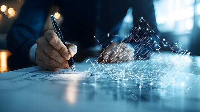 Mechanical engineer closely examining HVAC system blueprints on a large drafting table, surrounded by technical drawings and design notes in an industrial office