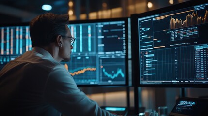 Stock trader analyzing market trends and data with multiple high-resolution screens in a modern trading environment