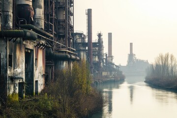 Naklejka premium Derelict Industrial Complex by a River with Fog