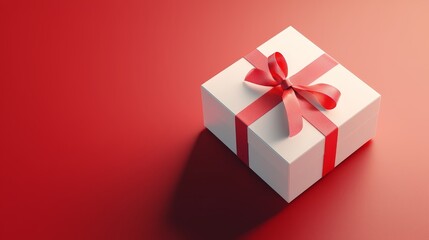 Obraz premium Open white gift box with red ribbon in the center of a bold red background, casting precise shadows, minimalist 3D rendering with spacious negative space for text