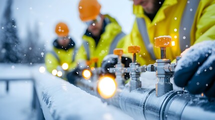 Technicians and engineers monitoring landfill methane levels, close-up of sophisticated gas capture equipment, focus on clean energy solutions. Methane level monitoring, Clean energy innovation