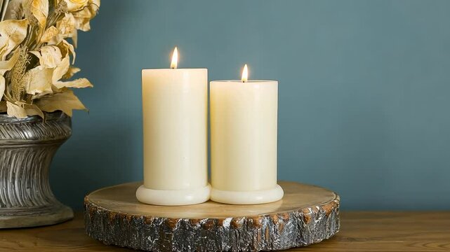Two white pillar candles burn brightly on a wooden slice, creating a warm and inviting atmosphere